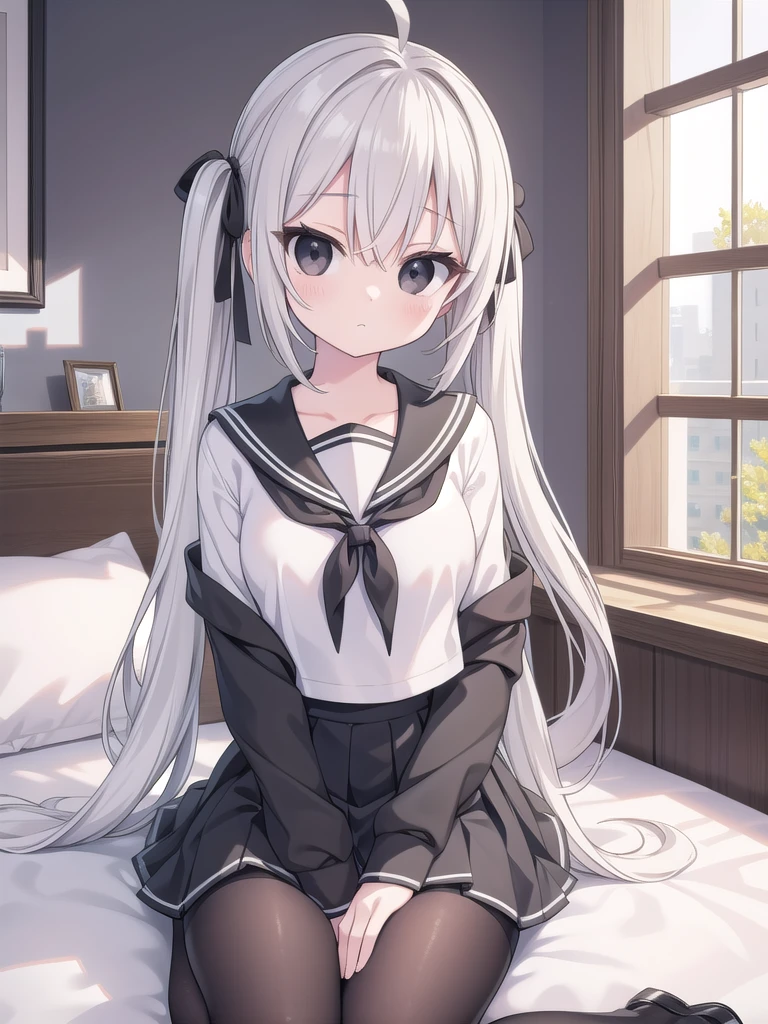 sorakasugano, sora kasugano, ahoge, (black eyes:1.5), hair between eyes, hair ribbon, long hair, twintails, black ribbon, white hair,Big tits (flat chest:1.2),
BREAK porn, Show your breasts, Lace bra, loafers, long sleeves, miniskirt, pantyhose, pleated skirt, sailor collar, , serafuku, , white sailor collar, white serafuku,
BREAK looking at viewer,
BREAK indoors, bed room,
BREAK (masterpiece:1.2), best quality, high resolution, unity 8k wallpaper, (illustration:0.8), (beautiful detailed eyes:1.6), extremely detailed face, perfect lighting, extremely detailed CG, (perfect hands, perfect anatomy),