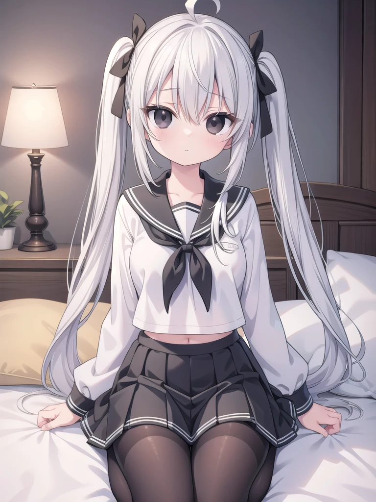 sorakasugano, sora kasugano, ahoge, (black eyes:1.5), hair between eyes, hair ribbon, long hair, twintails, black ribbon, white hair,Big tits (flat chest:1.2),
BREAK porn, Show your breasts, Lace bra, loafers, long sleeves, miniskirt, pantyhose, pleated skirt, sailor collar, , serafuku, , white sailor collar, white serafuku,
BREAK looking at viewer,
BREAK indoors, bed room,
BREAK (masterpiece:1.2), best quality, high resolution, unity 8k wallpaper, (illustration:0.8), (beautiful detailed eyes:1.6), extremely detailed face, perfect lighting, extremely detailed CG, (perfect hands, perfect anatomy),