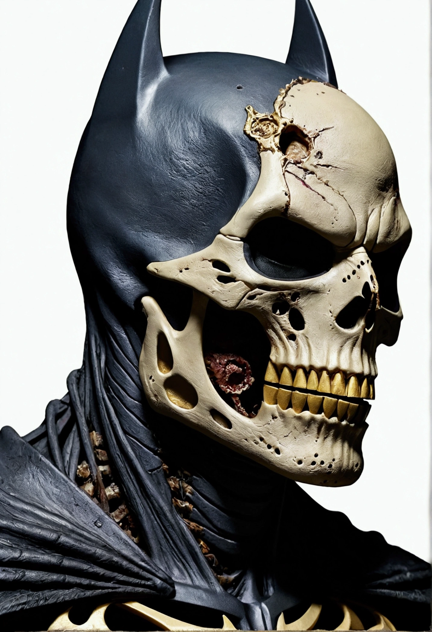 Zombified skeleton batman whose face's right side is skeleton and left is human wearing batman's mask portrait