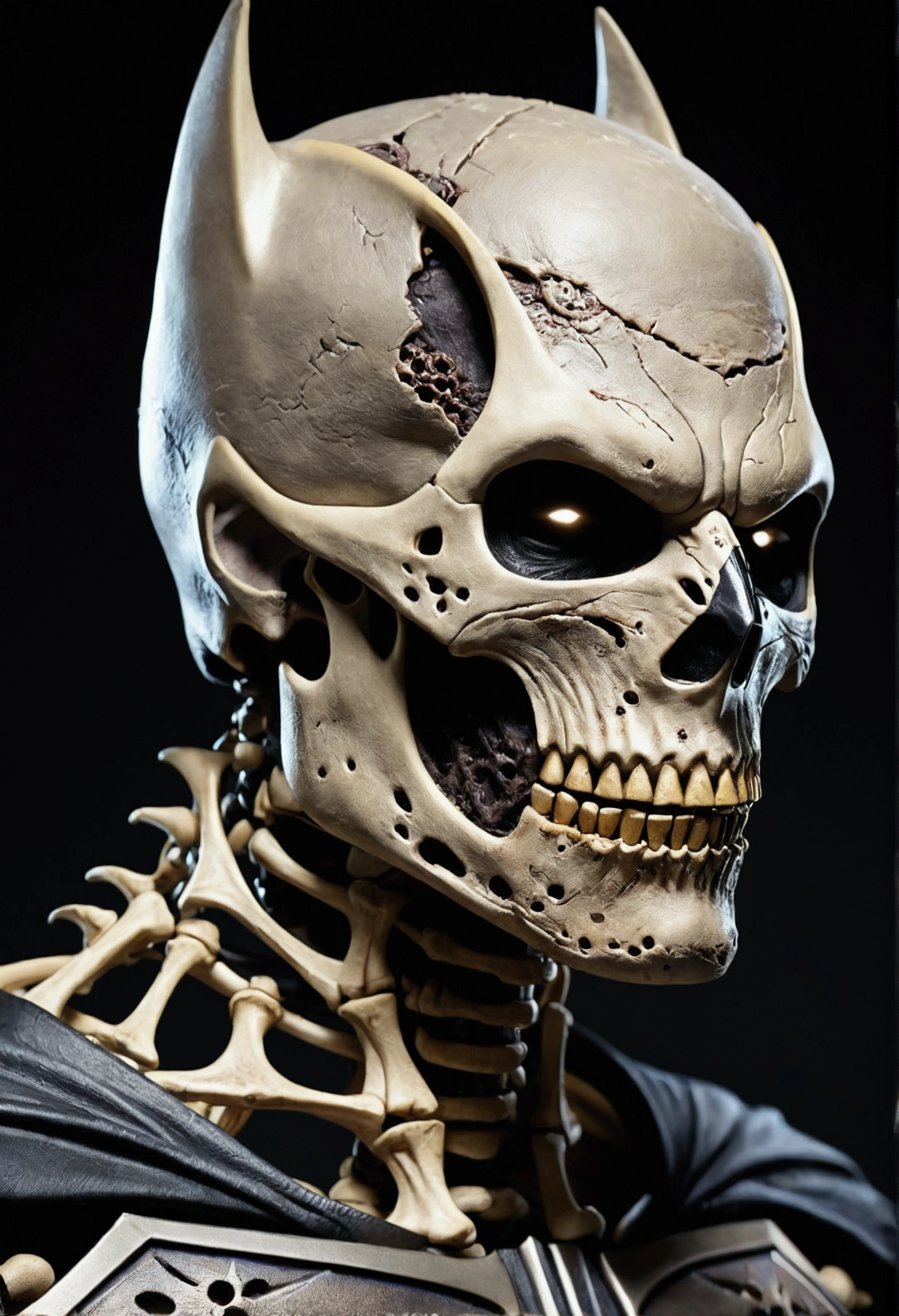 Zombified skeleton batman whose face's right side is skeleton and left is human wearing batman's mask portrait