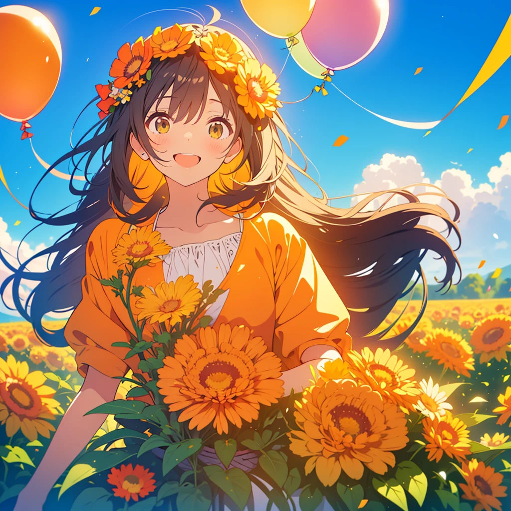 kawaii, anime, Cute, hyper quality, highly detailed, 8k, Clarity, dark brown long hair, smile, green eyes, round marigold, orange round marigold flower field, round marigold flower field, sit on a flowering hill, colorful balloons, balloons are flying in the sky, flower garden, morning dew, Shining light, particles of light, dazzling smile, Draw facial expressions in detail, Draw the eyes in detail, white casual clothes, A breeze flows, celebration, A large number of balloons fly into the sky, look up at the sky, A dynamic posture, balloon, clear blue sky, curled marigold, happy birthday, blue sky, clear sky, rainbow colored balloons, colorful balloons, release a large number of balloons into the sky, upper body, hold one's hand in the sky, marigold with closed flowers, small balloons,