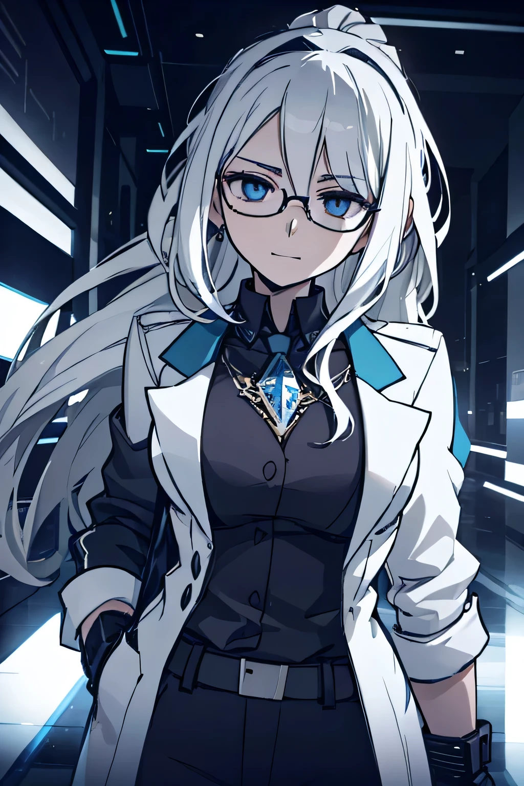 a beautiful woman in her 20s, large breasts, wearing a jacket, silver hair, long hair, blue eyes, smiling, cool, glasses, detailed face, intricate hair, photorealistic, highly detailed, 8k, masterpiece, cinematic lighting, dramatic pose, dynamic composition, cinematic color palette