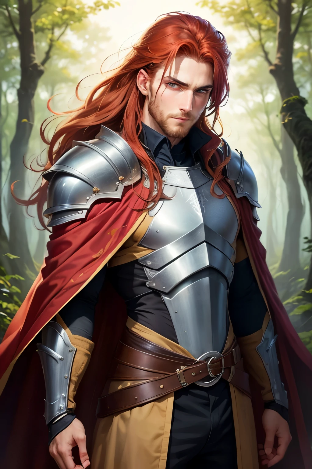 ((best qualityer)), ((work of art)), (detailded), A male Ranger. Born from the forest. Leather armor that blends in with the underbody and cape to become invisible. Long Light Red Hair with Chunky Design. Os olhos super detaildeds .His gaze would be intense and serious. highly detailed image .shy smile .wide chin.ready for action at any time.background an enchanted forest.