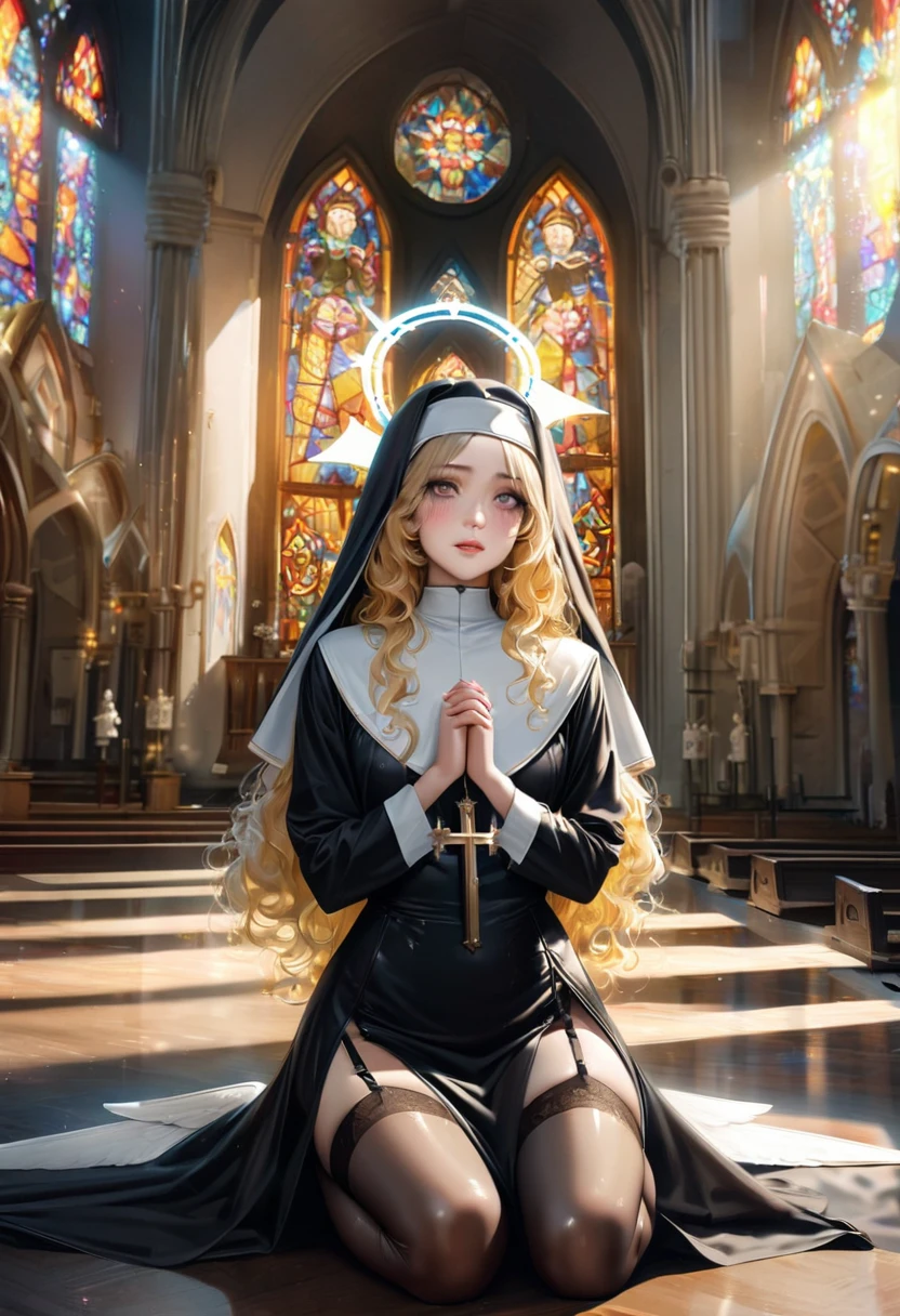 master piece, ultra detailed, hyper realistic, 24yo, angel, female, nun, detailed face, detailed eyes, droopy eyes, sparkling eyes, with cross-shaped pupils, intricate iris pattern, intense gaze, Mystical expressions, celestial nose, lip gloss, shy smile, embarrassed, (angel halo:1.4), wavy hair, (shiny hair:1.4), yellow hair, pale skin, nun habit, long black dress, white collar, rosary, veil, bra, pansies, garter belt, stockings, own hands together, praying, kneeling, Tight Clothing, side slit, inside church, stained glass, lifelike photograph, from front, full body shot, looking at viewer, sunny, dapple sunlight, beautiful lighting, holy light, 