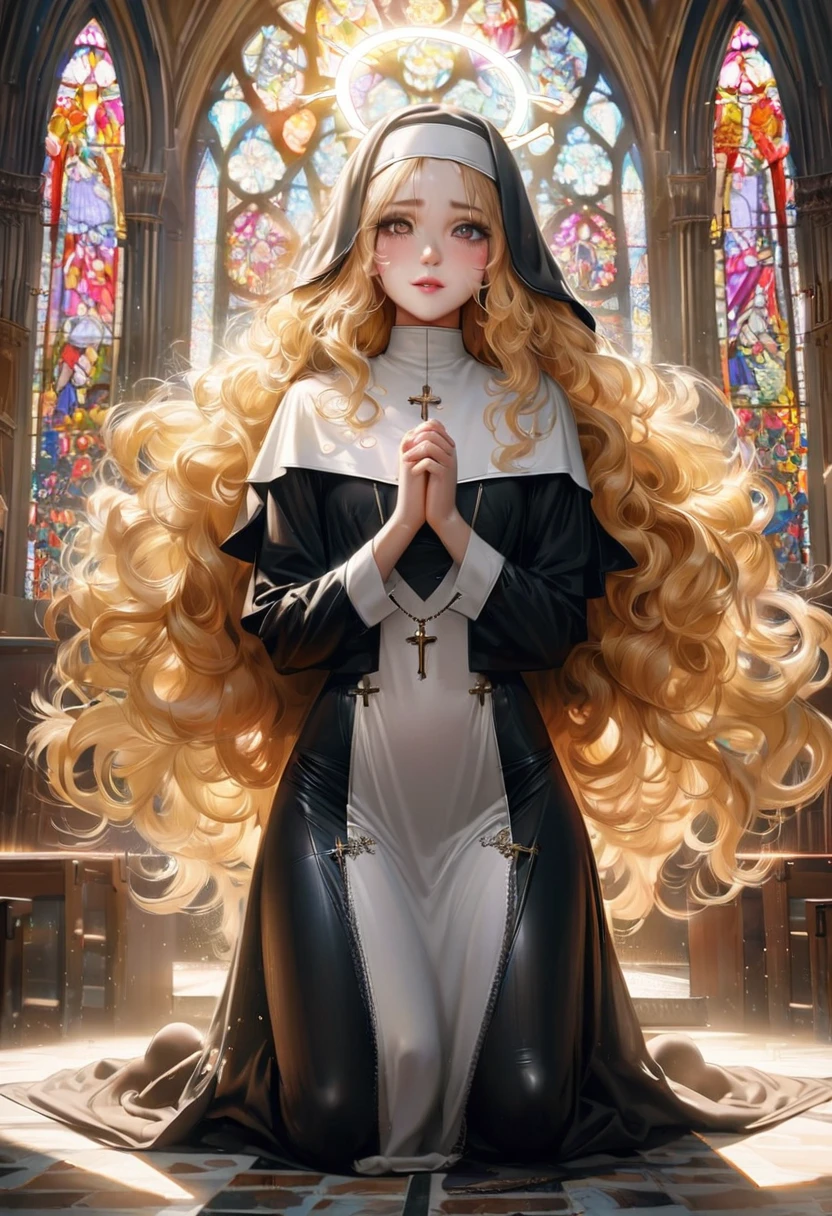 master piece, ultra detailed, hyper realistic, 24yo, angel, female, nun, detailed face, detailed eyes, droopy eyes, sparkling eyes, with cross-shaped pupils, intricate iris pattern, intense gaze, Mystical expressions, celestial nose, lip gloss, shy smile, embarrassed, (angel halo:1.4), wavy hair, (shiny hair:1.4), yellow hair, pale skin, nun habit, long black dress, white collar, rosary, veil, bra, pansies, garter belt, stockings, own hands together, praying, kneeling, Tight Clothing, side slit, inside church, stained glass, lifelike photograph, from front, full body shot, looking at viewer, sunny, dapple sunlight, beautiful lighting, holy light,