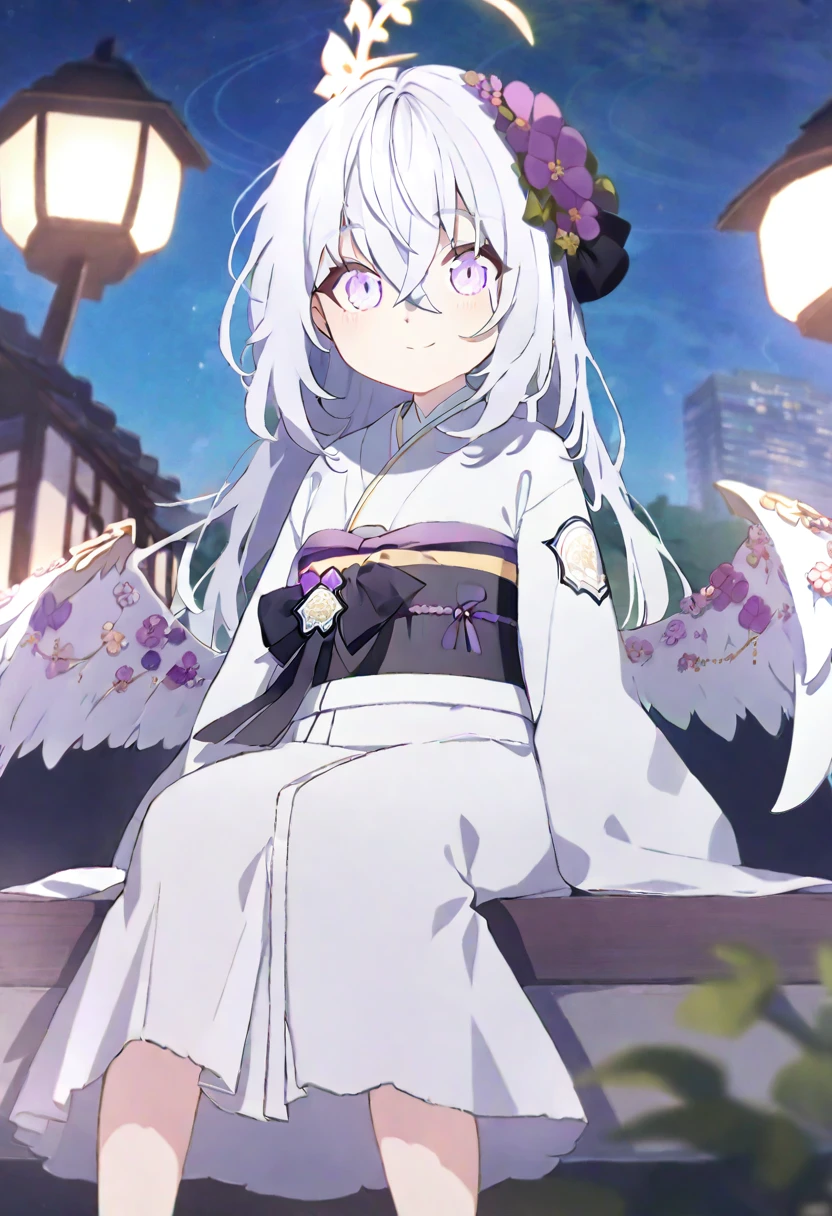 azusa \(blue archive\),1girl alternate_costume alternate_hairstyle angel_wings bench blurry braid braided_bun building depth_of_field feathered_wings flower hair_between_eyes hair_bun halo japanese_clothes kimono lamppost long_hair long_sleeves looking_at_viewer night night_sky obi obiage park park_bench purple_eyes sash sidelocks single_hair_bun sitting sky skyline skyscraper solo star_(sky) starry_sky stuffed_toy tree v_arms white_hair white_wings wide_sleeves wings yukata smile