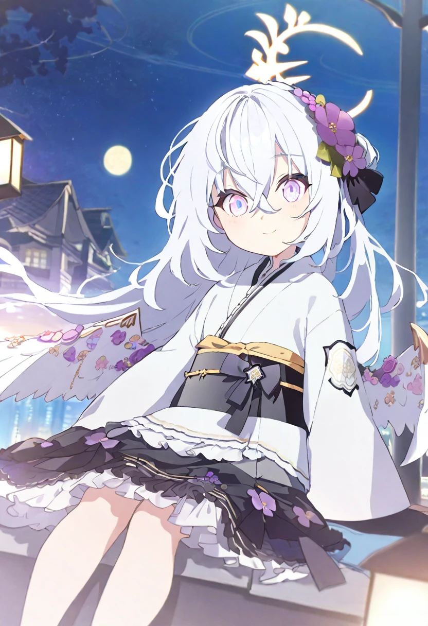 azusa \(blue archive\),1girl alternate_costume alternate_hairstyle angel_wings bench blurry braid braided_bun building depth_of_field feathered_wings flower hair_between_eyes hair_bun halo japanese_clothes kimono lamppost long_hair long_sleeves looking_at_viewer night night_sky obi obiage park park_bench purple_eyes sash sidelocks single_hair_bun sitting sky skyline skyscraper solo star_(sky) starry_sky stuffed_toy tree v_arms white_hair white_wings wide_sleeves wings yukata smile