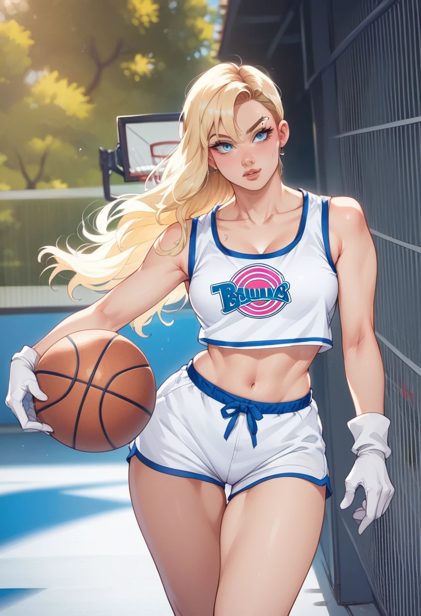 blond woman in a white and blue uniform holding a basketball, ava max, amouranth, better known as amouranth, lola bunny fanart, spider gwen, gwen stacy, android 18, wearing basketball jersey, basketball, sporty, young beautiful amouranth, full-cosplay, anime girl cosplay, glamourous cosplay, bulma from dragon ball, betty cooper