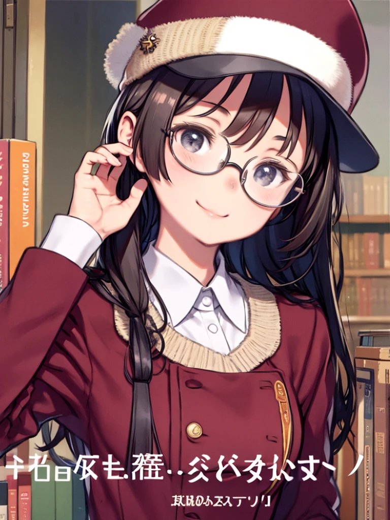 Huge library、1 Librarian、One Woman、small round glasses、Upper Body、smile、tilting the head、Retro、