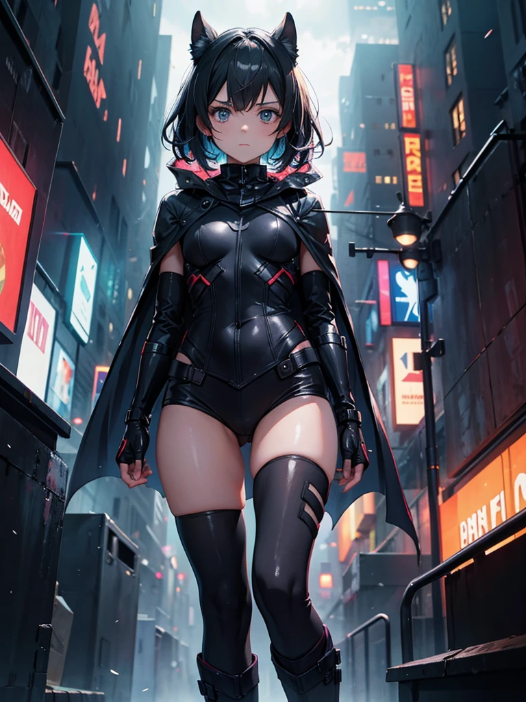 A girl in a Batsuit, ultra-detailed, 8k, cinematic lighting, dramatic angles, moody colors, masterpiece, standing confidently on a rain-soaked street in Gotham City at night, stern expression, billowing cape, gritty dystopian atmosphere, neon lights, eerie glow, anime style.