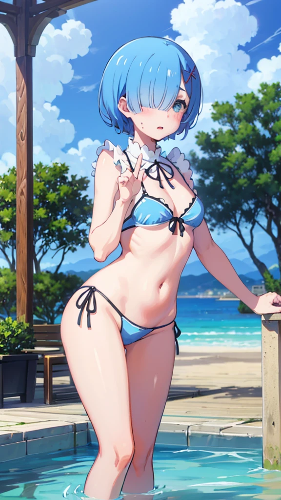 ランダムなswimwear、Acme Face、Random pose、short hair、Blue Hair、、hair over one eye、、nsfw、Highest quality、1 girl、solo、Ocean、Sexy pose、Random pose、Blushing、Wet、Embarrassed