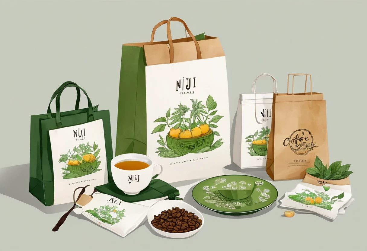 A set of tea sets for casual relaxation with illustrations,calligraphic fonts with green tones,coffee bags,paper bags,prints and accessories,with the theme of the harvest world,clean light gray background,(niji:2),hand-drawn,illustration style