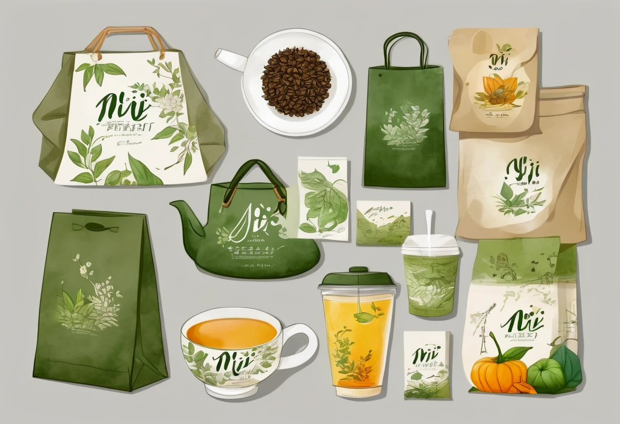 A set of tea sets for casual relaxation with illustrations,calligraphic fonts with green tones,coffee bags,paper bags,prints and accessories,with the theme of the harvest world,clean light gray background,(niji:2),hand-drawn,illustration style