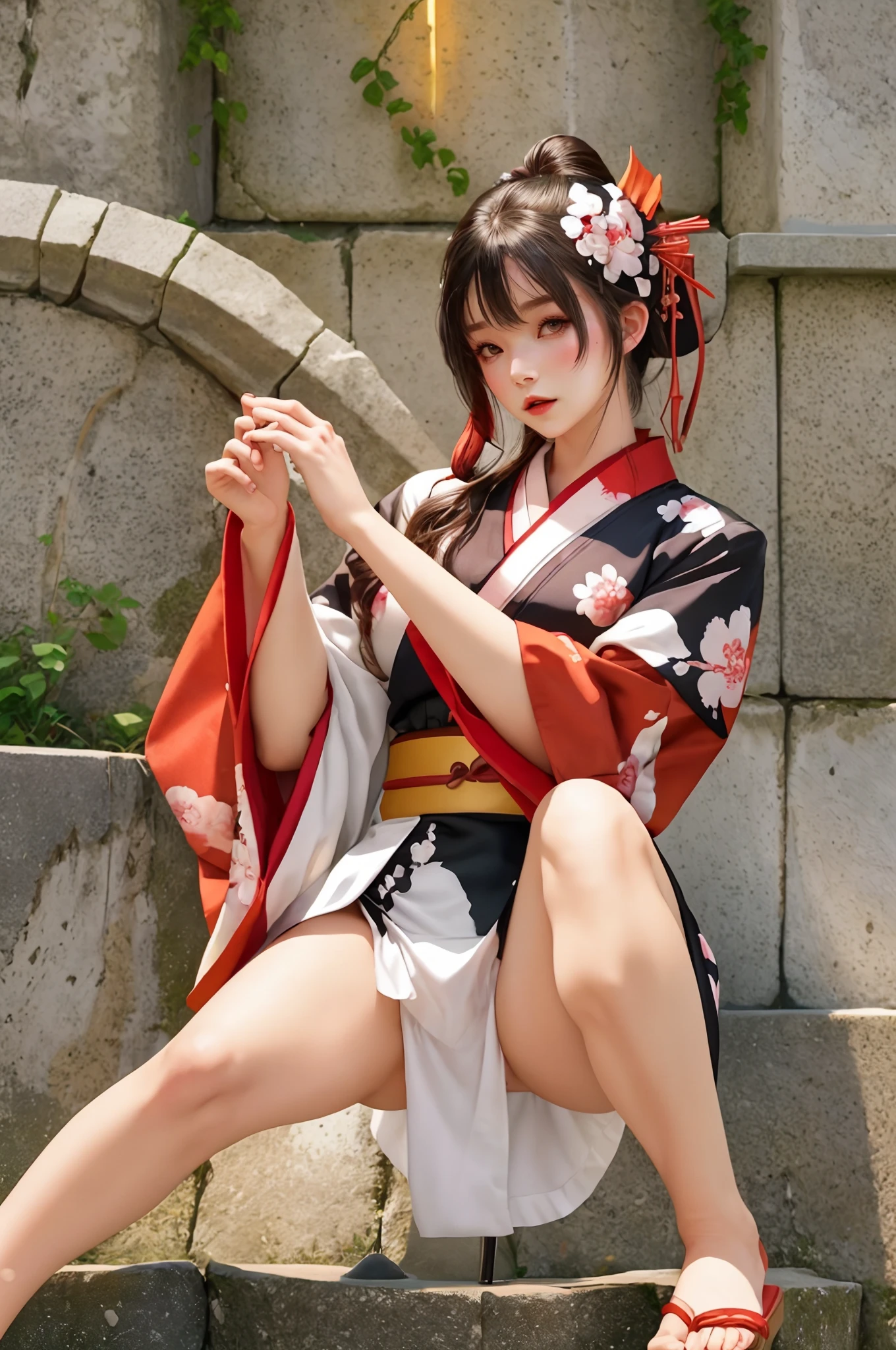 Masterpiece, Best Quality, ((head, hands and feet in frame)),( full body centered in picture),1girl,fit,athletic, picture of a stunning beautiful beeing from japanese folklore kitsune, a mystic woman with beautiful defined body unnatural long black hair, white fox ears, nine white fox tails, a beautiful magenta kimono robe(multilayered) shoulders and one leg shown,with beautiful patterns and flower prints, dancing in moonlight (full moon and clouds) the whole scenery is very dark and a bit of scary but also awe inspiring. asia paper lanterns, (ultra detailed), (most absurd), (highres), (official art:1.4), (illustration:1.4), (clear image:1.2),(delicate illustration: 1.2), 8k ,(detailed face:1.3), (highlights in eyes:1.3), (detailed fur:1.3), (detailed skin:1.3), , perfect drawing lines. graphic asia background, very detailed, comicbook style,1 line drawing,makeup 