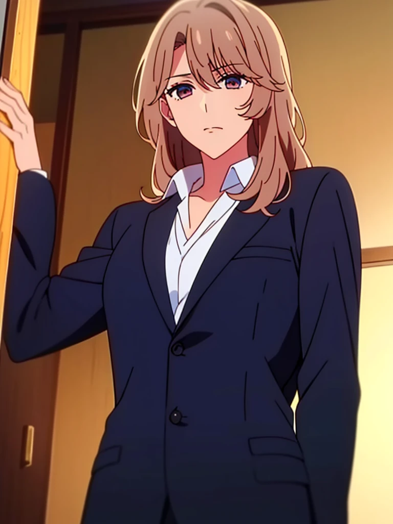 masterpiece、hightquality、a handsome businessman splitting open to reveal Saitou Miyako inside、solo、anime styled、2d