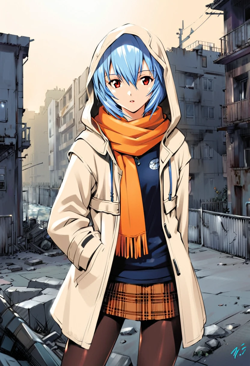 1girl, solo, ayanami rei, ruins, blue hair, coat, red eyes, skirt, plaid, hood, short hair, pantyhose, standing, plaid skirt, hood up, white coat, outdoors, building, looking at viewer, signature, long sleeves, scarf, hair between eyes, hooded coat, bangs, city, open coat, parted lips, 