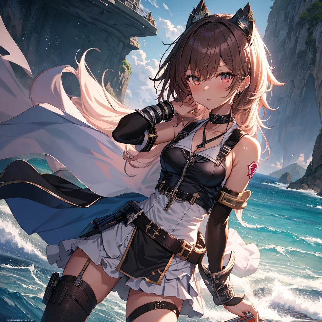 sky island, Mysterious Island, Mysterious Island, Misaka Mikoto, 1girl, black choker, uhd, retina, masterpiece, ccurate, anatomically correct, textured skin, super detail, high details, high quality, best quality, highres, 4K
