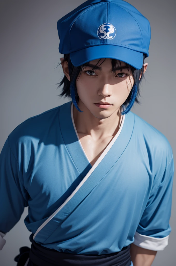 Anime character with blue cap backwards, with samurai mask, and blue shirt
