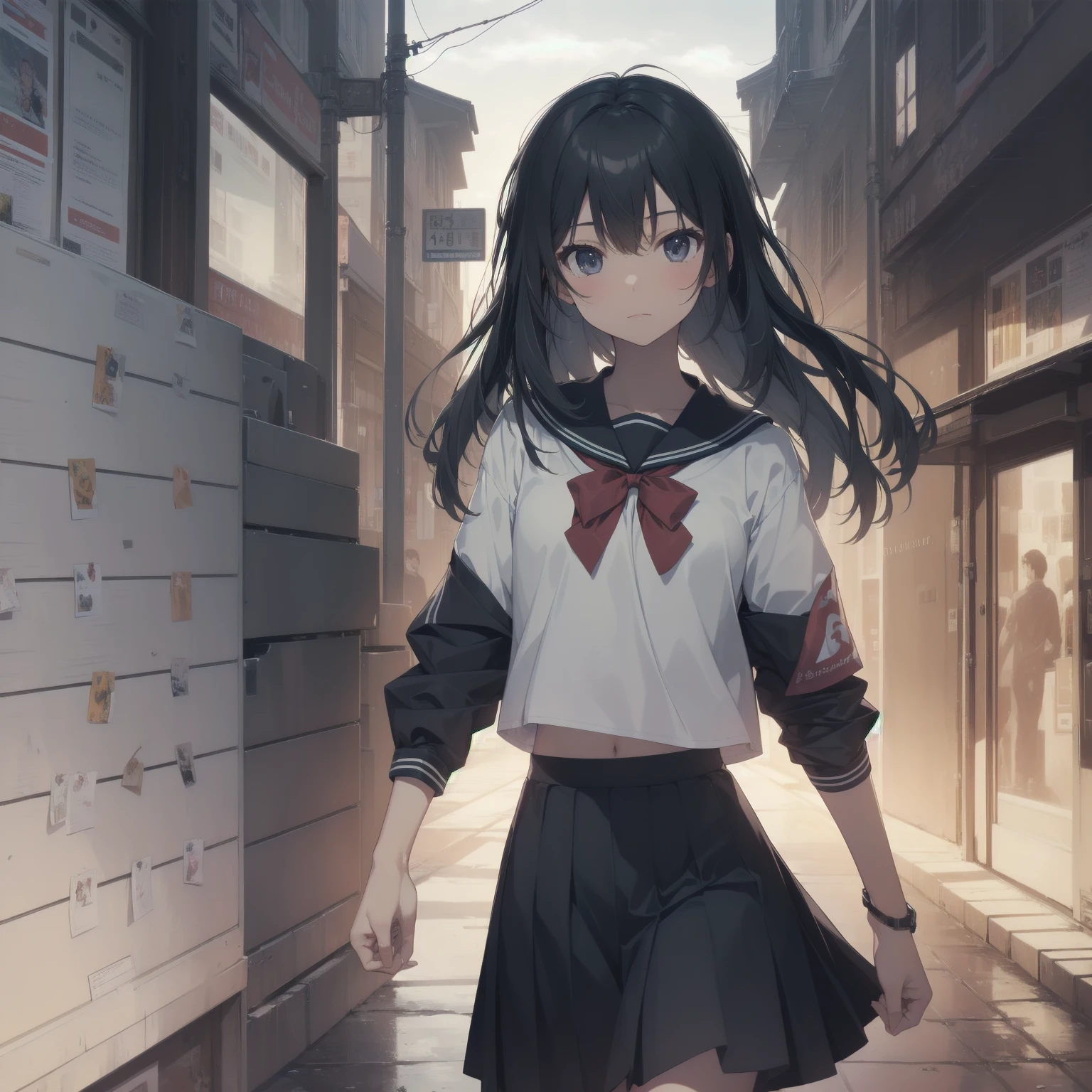 ultra-absurdres-Top quality by artist God, ultra-detailed, high resolution, anime moe artstyle, best anime 8k konachan wallpaper, pixiv contest winner, pool:2810, perfect anatomy,break, 1girl, (Please draw a girl walking sleepily to school alone. )break,(Solo,little female, 13-year-old:1.3),Full limbs, complete fingers,a junior high school student, (very short hair), short cut, flat chest, , small butt, small black eyes, beautiful detailed eyes, well-proportioned iris and pupils, expressive eyes, highres detailed hair, soft expression, salor school_uniform, sailor collar, serahuku, bow, pleated skirt,(Detailed Lighting), (Detailed background), in the School commute route. break,super detailed skin, Best cinematic lighting powered by famous artist, 8k,beauty illustration,photoshop_(medium),very aesthetic,break,((artist:yuuhagi_(amaretto-no-natsu) )), artist:clamp ,artist:carnelian ,artist:kantoku ,