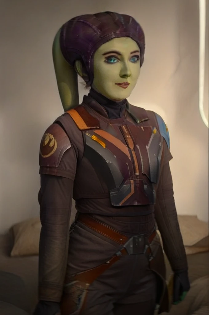 cinematic film still star wars hera syndulla sigh at tequila wolf score_9, score_8_up, score_7_up, score_6_up, score_5_up, score_4_up, ((( hera syndulla ))) wearing wearing armor , blue eyes, tentacle hair, ((( hera syndulla ))) , green skin, colored skin, facial mark, medium breasts, ((black with red trim flame dress skirt)), no pants, bare shoulders, guantlets, hip armor, skirt, pants, brown boots, solo, seductively lying on bed in her lingerie, nude ,seductive smile, looking at viewer, indoors
