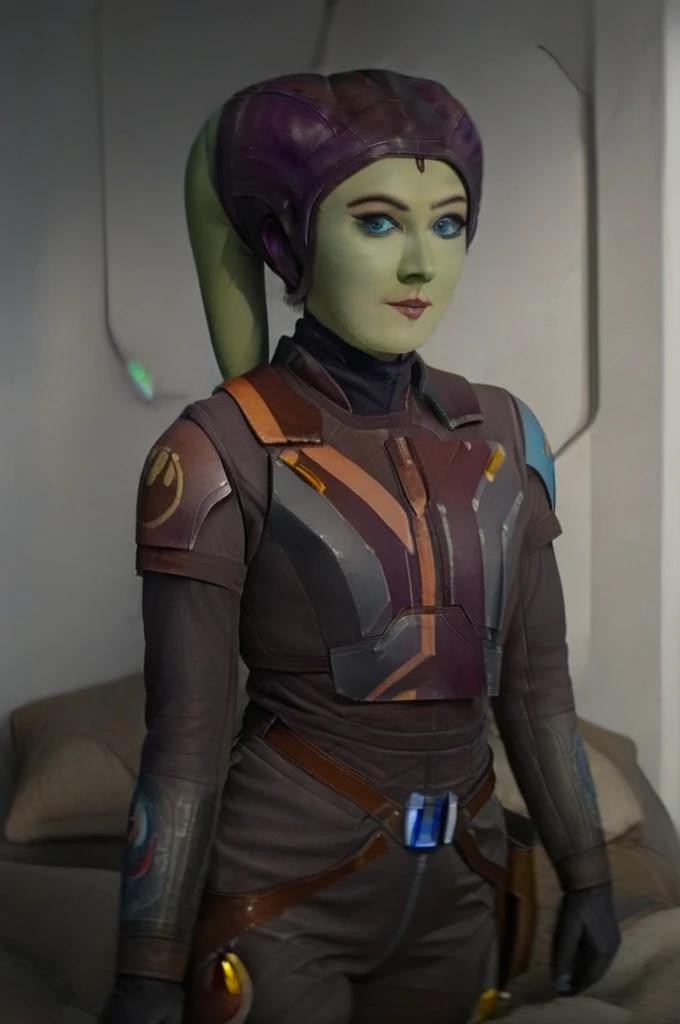 cinematic film still star wars hera syndulla sigh at tequila wolf score_9, score_8_up, score_7_up, score_6_up, score_5_up, score_4_up, ((( hera syndulla ))) wearing wearing armor , blue eyes, tentacle hair, ((( hera syndulla ))) , green skin, colored skin, facial mark, medium breasts, ((black with red trim flame dress skirt)), no pants, bare shoulders, guantlets, hip armor, skirt, pants, brown boots, solo, seductively lying on bed in her lingerie, nude ,seductive smile, looking at viewer, indoors