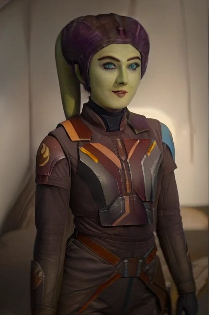cinematic film still star wars hera syndulla sigh at tequila wolf score_9, score_8_up, score_7_up, score_6_up, score_5_up, score_4_up, ((( hera syndulla ))) wearing wearing armor , blue eyes, tentacle hair, ((( hera syndulla ))) , green skin, colored skin, facial mark, medium breasts, ((black with red trim flame dress skirt)), no pants, bare shoulders, guantlets, hip armor, skirt, pants, brown boots, solo, seductively lying on bed in her lingerie, nude ,seductive smile, looking at viewer, indoors