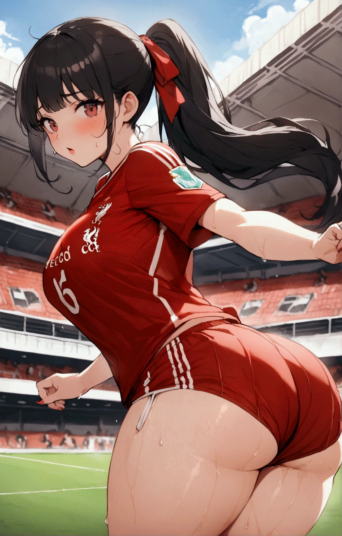 One woman、beautiful girl、high school girl、Soccer uniforms、Barcelona uniforms、Long Hair、smile、Grey sports panties、Shorts、Shortsからハミパン、Football Stadium、soccer ball、Bury the ball in your crotch、The stands are packed、Highest quality,  Thick thighs、Big Ass、Black Hair、Sweaty body、Number 10、Sweaty crotch、Lifting、FIFA World Cup