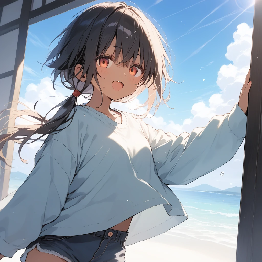 score_9, score_8_up, score_7_up, source_anime, best quality, masterpiece, official art, absurdres, highres, ultra-detailed,waifu2x,Collection: Slice of Life,break,1girl, tomboy, dark-skinned female, short hair, low ponytail, small breasts, beautiful detailed eyes, short shorts, sweat, open mouth, (yawn:0.3), sleepily, outdoors, wind,break,(clear line illustration:1.2), super detailed skin,very high resolution, very aesthetic, Best sexual lighting powered by famous artist, 8k,cute picture,beauty illustration,photoshop_(medium),,(Detailed Lighting),best anime 8k konachan wallpaper, pixiv contest winner, 