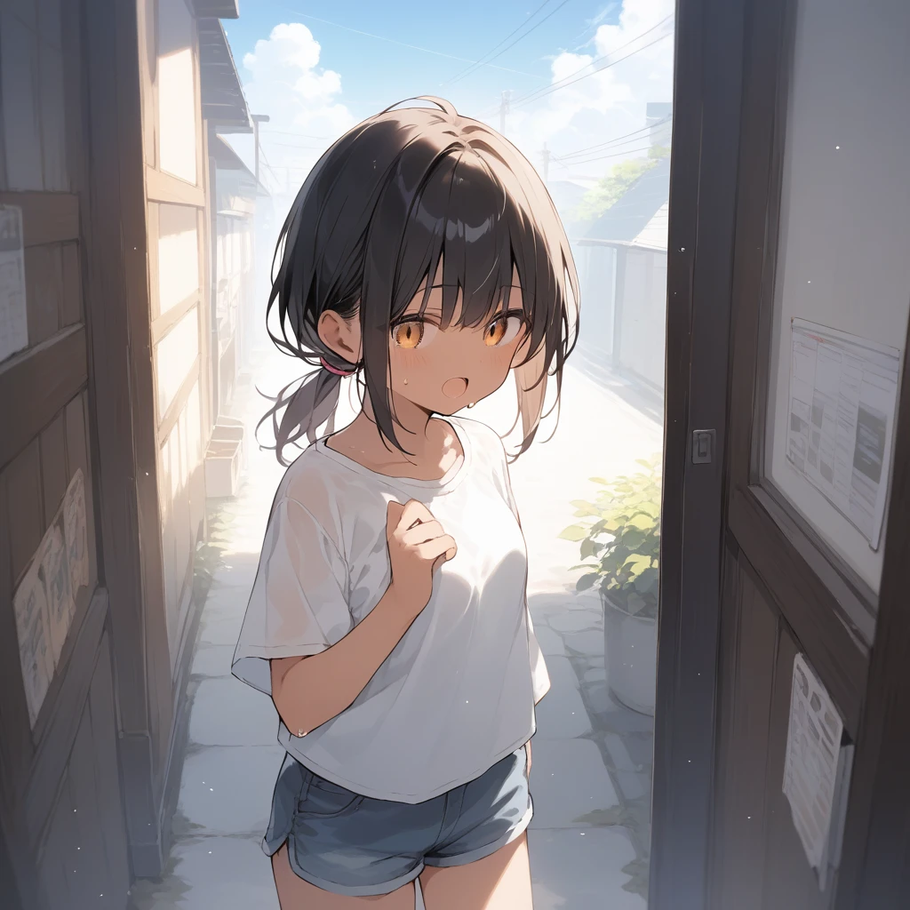 score_9, score_8_up, score_7_up, source_anime, best quality, masterpiece, official art, absurdres, highres, ultra-detailed,waifu2x,Collection: Slice of Life,break,1girl, tomboy, dark-skinned female, short hair, low ponytail, small breasts, beautiful detailed eyes, short shorts, sweat, open mouth, (yawn:0.3), sleepily, outdoors, wind,break,(clear line illustration:1.2), super detailed skin,very high resolution, very aesthetic, Best sexual lighting powered by famous artist, 8k,cute picture,beauty illustration,photoshop_(medium),,(Detailed Lighting),best anime 8k konachan wallpaper, pixiv contest winner, 
