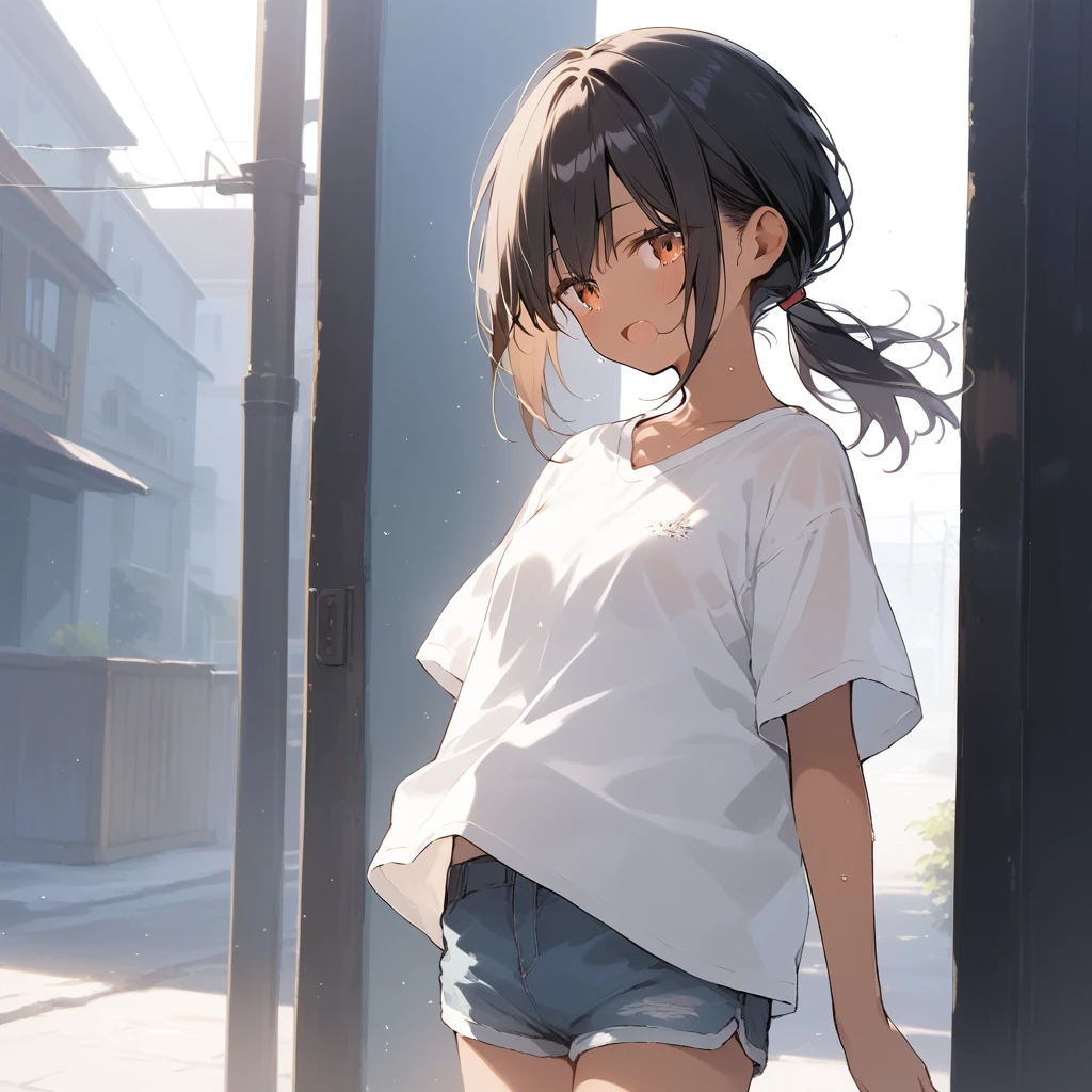 score_9, score_8_up, score_7_up, source_anime, best quality, masterpiece, official art, absurdres, highres, ultra-detailed,waifu2x,Collection: Slice of Life,break,1girl, tomboy, dark-skinned female, short hair, low ponytail, small breasts, beautiful detailed eyes, short shorts, sweat, open mouth, (yawn:0.3), sleepily, outdoors, wind,break,(clear line illustration:1.2), super detailed skin,very high resolution, very aesthetic, Best sexual lighting powered by famous artist, 8k,cute picture,beauty illustration,photoshop_(medium),,(Detailed Lighting),best anime 8k konachan wallpaper, pixiv contest winner,