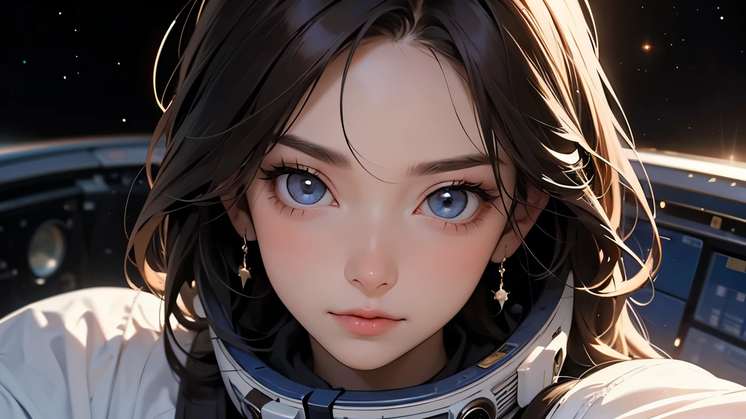 Upper body close-up image. A beautiful woman. Twenty years old. Dark brown hair. Beautiful double eyes. The bridge of my nose. She is looking at the camera with a defiant expression. She is wearing modern fashionable clothes. Image of outer space in the space behind the woman.