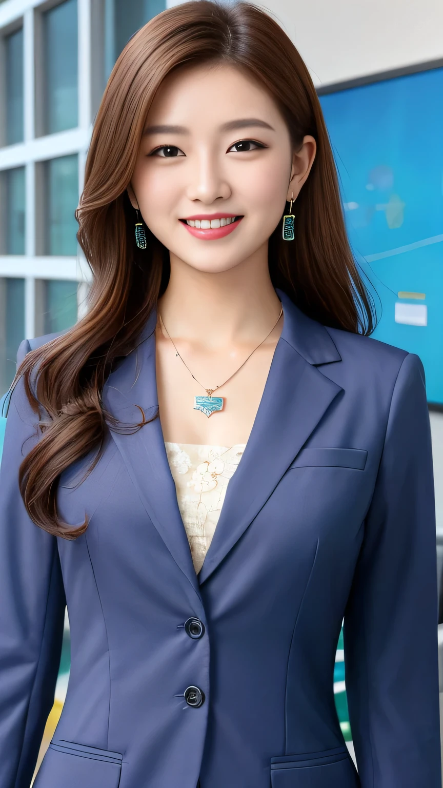 Highest quality:1.2), RAW Photos, High resolution, Very detailed, Intricate details, 、ear piercing、smile、Beautiful teeth alignment、Black Hair、Clear beauty,(High quality fabric, Office Lady Suits )、Necklace around the neck、, The background is the office