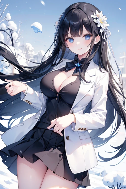 young girl, black hair, blue eyes,beautiful and detailed eyes, big breasts, long hair, happy smile, black shirt,white blazer, black mini skirt, (snow scene, snow flowers)