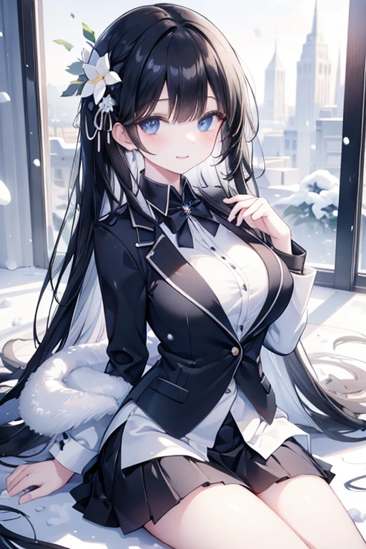 young girl, black hair, blue eyes,beautiful and detailed eyes, big breasts, long hair, happy smile, black shirt,white blazer, black mini skirt,  (snow scene, snow flowers)