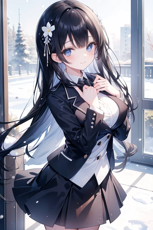 young girl, black hair, blue eyes,beautiful and detailed eyes, big breasts, long hair, happy smile, black shirt,white blazer, black mini skirt, (snow scene, snow flowers)