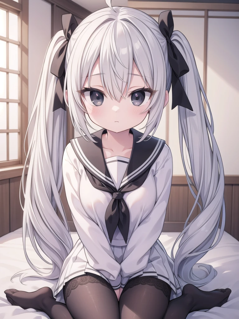 sorakasugano, sora kasugano, ahoge, (black eyes:1.5), hair between eyes, hair ribbon, long hair, twintails, black ribbon, white hair,Big tits (flat chest:1.2),
BREAK porn, Show your breasts, Lace bra, loafers, long sleeves, miniskirt, pantyhose, sailor collar, serafuku, , white sailor collar, white serafuku,
BREAK looking at viewer,
BREAK indoors, bed room,
BREAK (masterpiece:1.2), best quality, high resolution, unity 8k wallpaper, (illustration:0.8), (beautiful detailed eyes:1.6), extremely detailed face, perfect lighting, extremely detailed CG, (perfect hands, perfect anatomy),