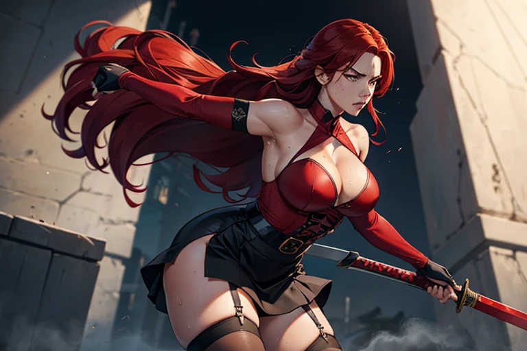 A villain with a ladylike, arrogant air.。Red hair、Her chest is large because of the open-chested outfit.、There is a slit in the waist part.、Her legs are plump and she is wearing a black skirt and a garter belt.。In his right hand he holds a sword as a weapon.。Weary and sweaty from the fight、There is a sweat stain on my chest