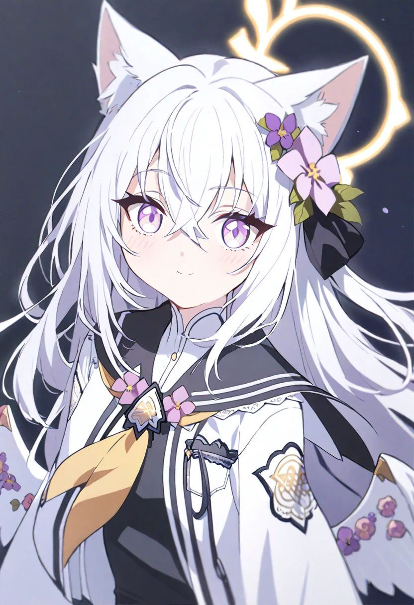 azusa \(blue archive\), 1girl animal_ear_fluff animal_ears black_dress black_sailor_collar blush cat_ears cat_tail closed_mouth crossed_bangs dress flower hair_flower hair_ornament halo holding holding_own_hair jacket kemonomimi_mode long_hair long_sleeves looking_at_viewer low_wings neck_flower neck_ribbon neckerchief purple_eyes ribbon sailor_collar simple_background solo tail two-tone_dress upper_body white_background white_dress white_hair white_jacket white_wings wings yellow_neckerchief little_smile