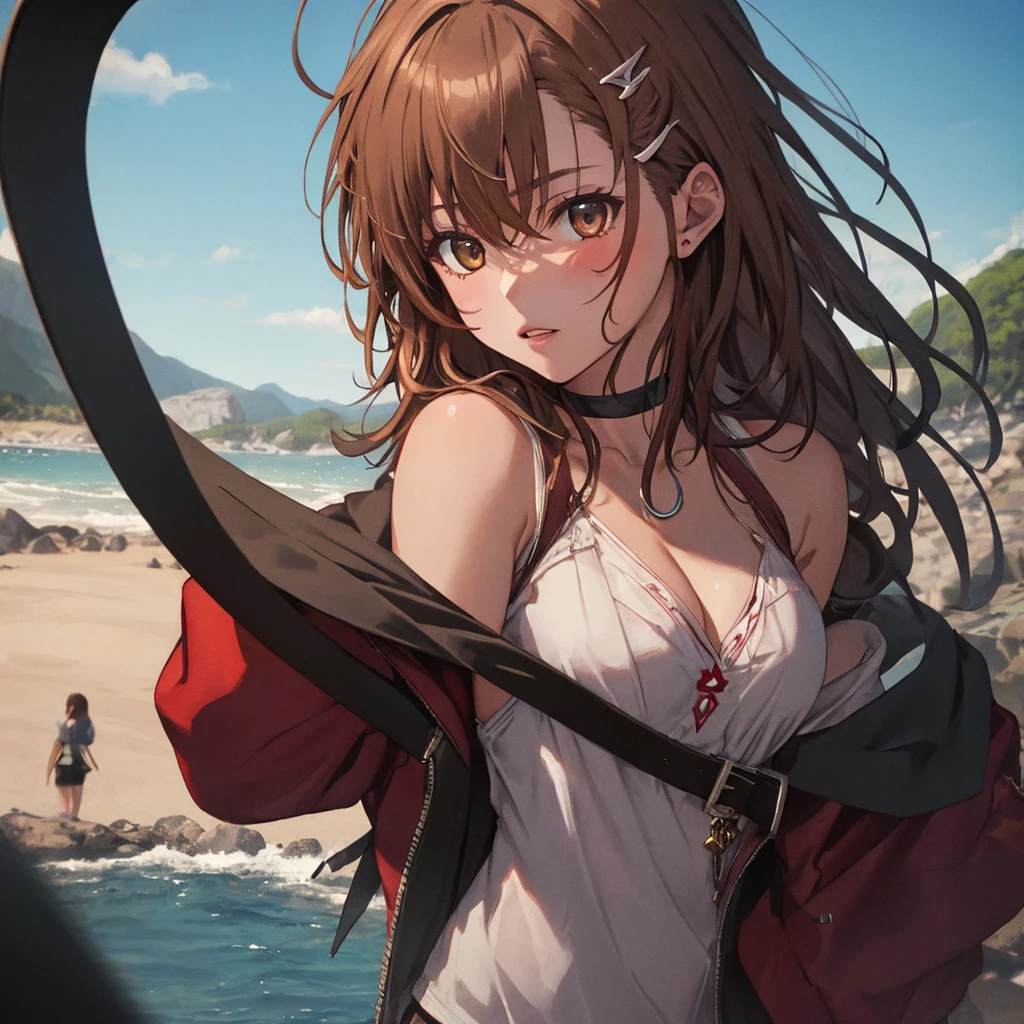 One Mature Woman、Mai Shiranui - King of Fighters、 shiranui mai, chest, Brown Hair, 手fan, ponytail, Pelvic Curtain, Long Hair, fan, Brown eyes, chestの谷間, kimono, Revealing clothing, LARGE chest, rope, Open your mouth, Side bust, One girl, alone, Upper Body, In-person audience, View your viewers, smile、Red costume、((Big Breasts、巨大なchest))、