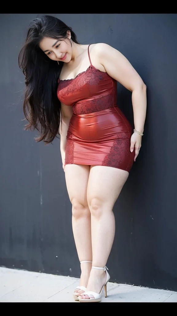 Height 1.8 meters，Smiling fat woman ，Oval face， Sit on a slate，((best quality)), ((masterpiece)), (detailed), , Wearing a beige shirt and black skirt,  Thin waist and thick hips, Hip width， Soft curves, hyperPractical full figure, Wearing a cute top, Long legs,,thickness, Beautiful plump woman, A woman with beautiful curves*****Target，Clear curve details, Curvy hourglass figure, Charming plus size models, bbw酱, full image, Surface Model, Curvy body, （full-body shot）blush, 1girll fat , Golden Ratio,(White and tender skin:),High quality background, HD, Practical, HDR. pedestrian mall，Skin as white as paper，High heel，Sit on a slate，Flowers