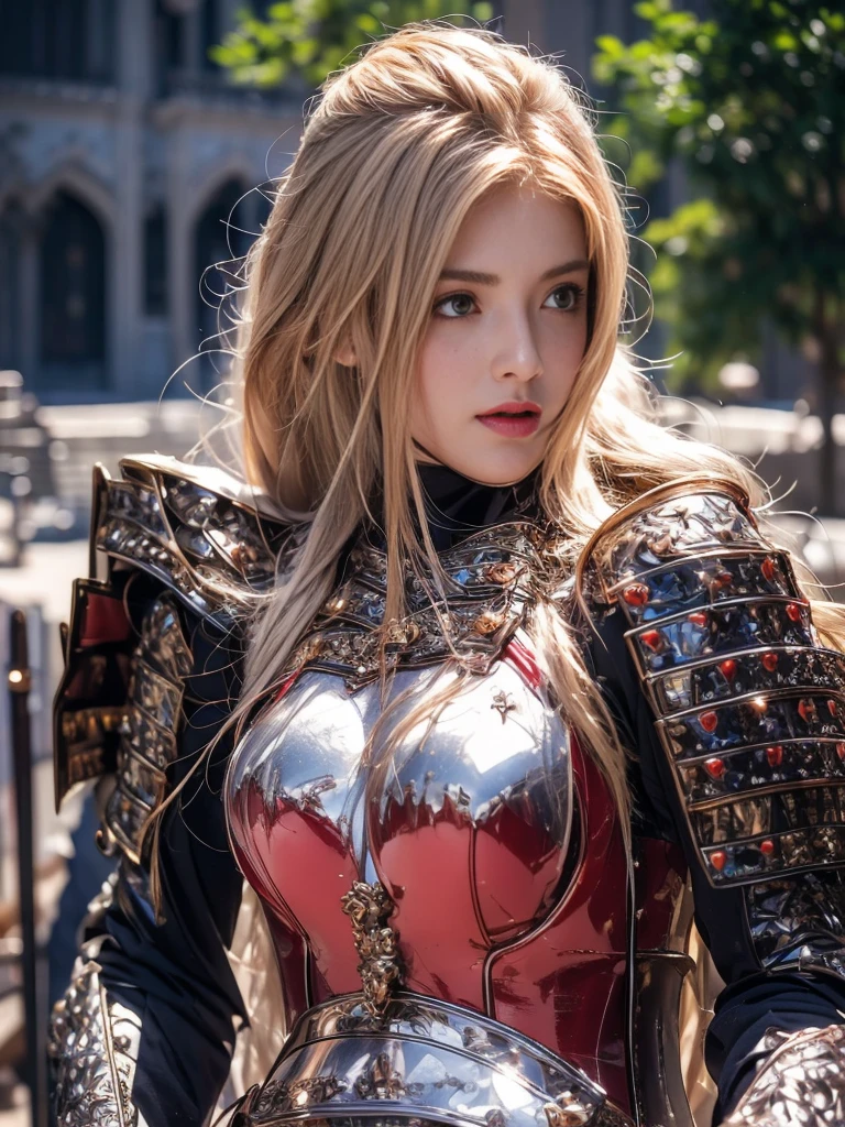 Elegant Armor,Princess, whole body, Wearing the hijab , Crown Luxury , blue eyes, Blonde, Around 19 years old, (Red and silver hijab), masterpiece，The best quality at its best，High resolution，8k，((Portraiture))，(Upper Body)，Original photo，Actual photo，Digital photography, elegant Princess ，blue eyes， 超Huge breasts, pointy Huge breasts extravagant ornament，Lips parted，Make your lips look more attractive and glamorous，((blush))，Unpublished Content，calm and handsome，High-end body armor ((Red and silver armor)) , (Medieval fantasy armor, beautiful pointed breasts, Narrow waist, perfect Huge breasts of Princess body )oc rendering reflection texture, Elegant Style,   Huge breasts , Medieval castle background, The body is slim, very Narrow waist, (Luxury Armor Pattern) , Very slim ,Beautiful as an angel,1 person