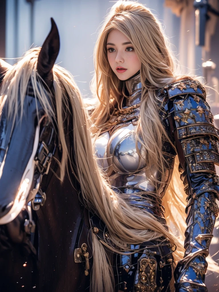 Elegant Armor,Princess, whole body, Wearing the hijab , Crown Luxury , blue eyes, Blonde, Around 19 years old, (Red and silver hijab), masterpiece，The best quality at its best，High resolution，8k，((Portraiture))，(Upper Body)，Original photo，Actual photo，Digital photography, elegant Princess ，blue eyes， 超Huge breasts, pointy Huge breasts extravagant ornament，Lips parted，Make your lips look more attractive and glamorous，((blush))，Unpublished Content，calm and handsome，High-end body armor ((Red and silver armor)) , (Medieval fantasy armor, beautiful pointed breasts, Narrow waist, perfect Huge breasts of Princess body )oc rendering reflection texture, Elegant Style,   Huge breasts , Medieval castle background, The body is slim, very Narrow waist, (Luxury Armor Pattern) , Very slim ,Beautiful as an angel,1 person