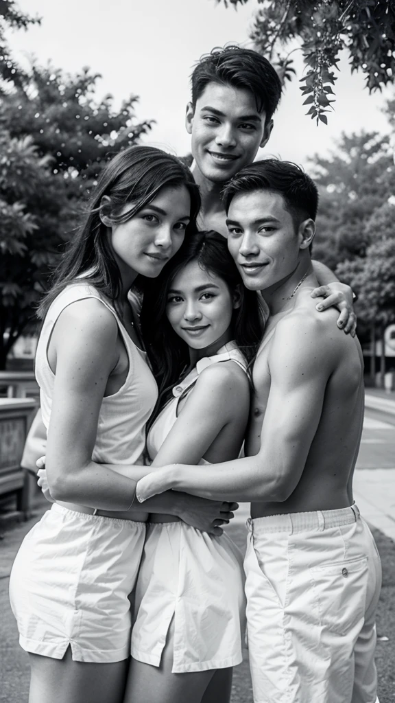 Medium shot of a 35 year old indonesian man, ideal body, oval face, white skin, nature skin, medium hair, wearing a hoodie , side by side with a 30 year old indonesian woman with, pink crop top, they smile facing the camera, eye to camera, eye level angle with City view in the background