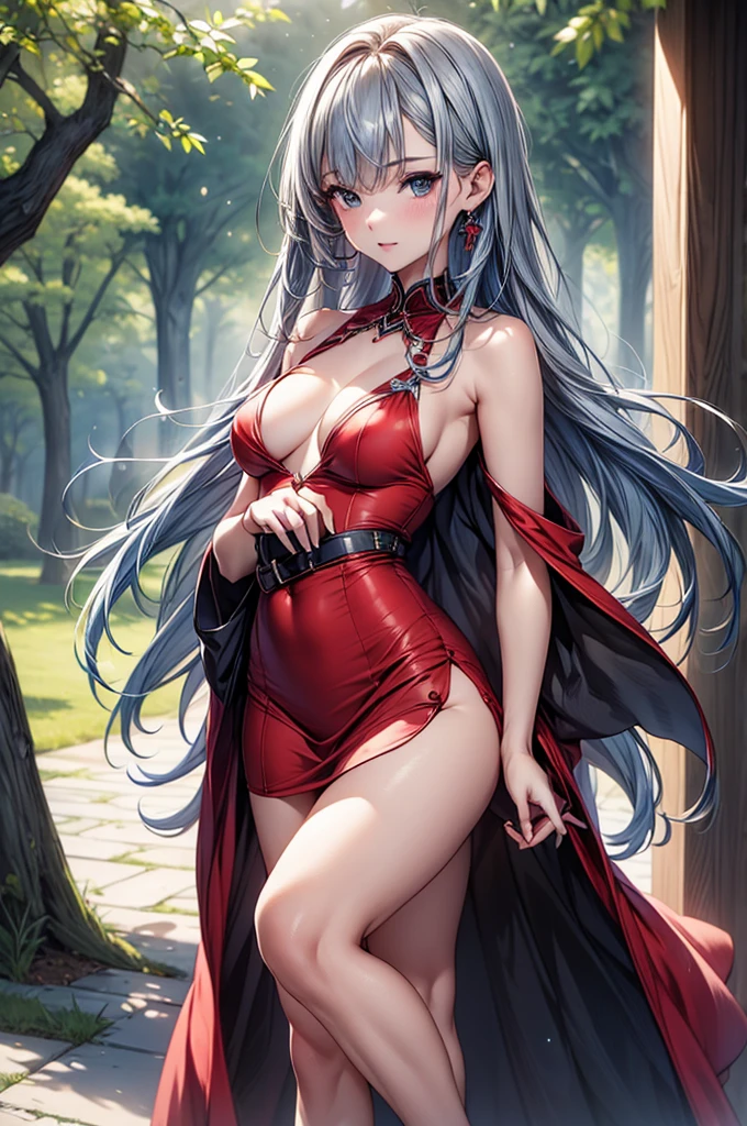 NSFW,(Natural finger shape:1.5),4K,masterpiece,((Focus on the face)),((Symmetrical facial features)),Eye for detailed depiction,Beautiful woman,Excellent style,Beautiful feet,(Small Ass,Thin thighs),(stockings,High heels),Detailed depiction of the face,Small earrings,Low angle photo,((Sleeveless,Red skirt)),Hide and seek in the park early in the morning,blue blonde,Close-up photo of the upper body,(Beautiful girl holding a mobile phone in her hand)