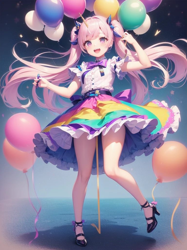 (whole body, legs and shoes visible: 1.2)) Expressive eyes, One girl, Pale skin, Long Hair, Windblown Hair, ((absurdly Long Hair)), Long Side Lock, Princess bangs, Hair bangs, Hair Bun, ((Very long twin tails)), Rainbow Hair, Light pink hair, blush, full face blush, big sparkling Pastel Purple eyes, (Gradient Eye), Laughing with your mouth open, cute pose, ((Holding a balloon : 1.3)) ((cute and pastel fashion)) ((🦄🎠🎈🎉 theme : 1.4)) A loose pastel dress, ((Dreamy multi-colored open dress)), (Floating ribbon), Lavender Frill, Pink frills, (Light blue lace), Removable short sleeves, Fluffy skirt, ((Rainbow and star printed skirt : 1.3)), Lolita Skirt, Purple ribbon, ((pom pom ribbon hair ornament : 1.4)), Multiple Bows, Striped lace stockings, (heart型のレッグガーター), cute (Pastel Purple) shoes ((Ultra-detailed clothing and fashion)) I&#39;m watching you, Vintage Girl, blush, (Beautiful attention to detail), (Highly detailed CG Unity 8k wallpaper) (Best Shadow), ((Very delicate and beautiful)), (Detailed light), ((Depth of written boundary)) Big Head, Big, bright eyes, Moe, Splash Art, Cinema Lighting, Front view, volumetric lighting maximalist photo illustration k resolution high resolution intricate detailed complex key visuals precise linear ((Dreamy pastel sky background, Surrounded by sunset clouds, shooting star, Castle above the clouds)) ((Ultra-detailed landscapes, Foggy clouds, Hung by balloons, heart : 1.3))