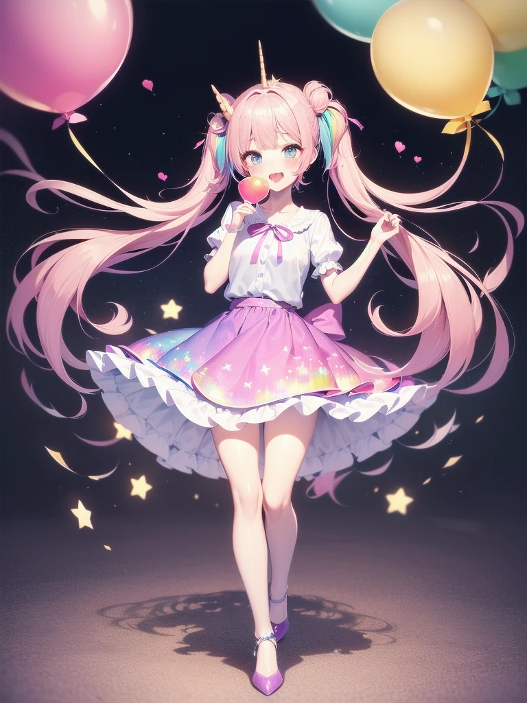 (whole body, legs and shoes visible: 1.2)) Expressive eyes, One girl, Pale skin, Long Hair, Windblown Hair, ((absurdly Long Hair)), Long Side Lock, Princess bangs, Hair bangs, Hair Bun, ((Very long twin tails)), Rainbow Hair, Light pink hair, blush, full face blush, big sparkling Pastel Purple eyes, (Gradient Eye), Laughing with your mouth open, cute pose, ((Holding a balloon : 1.3)) ((cute and pastel fashion)) ((🦄🎠🎈🎉 theme : 1.4)) A loose pastel dress, ((Dreamy multi-colored open dress)), (Floating ribbon), Lavender Frill, Pink frills, (Light blue lace), Removable short sleeves, Fluffy skirt, ((Rainbow and star printed skirt : 1.3)), Lolita Skirt, Purple ribbon, ((pom pom ribbon hair ornament : 1.4)), Multiple Bows, Striped lace stockings, (heart型のレッグガーター), cute (Pastel Purple) shoes ((Ultra-detailed clothing and fashion)) I&#39;m watching you, Vintage Girl, blush, (Beautiful attention to detail), (Highly detailed CG Unity 8k wallpaper) (Best Shadow), ((Very delicate and beautiful)), (Detailed light), ((Depth of written boundary)) Big Head, Big, bright eyes, Moe, Splash Art, Cinema Lighting, Front view, volumetric lighting maximalist photo illustration k resolution high resolution intricate detailed complex key visuals precise linear ((Dreamy pastel sky background, Surrounded by sunset clouds, shooting star, Castle above the clouds)) ((Ultra-detailed landscapes, Foggy clouds, Hung by balloons, heart : 1.3))