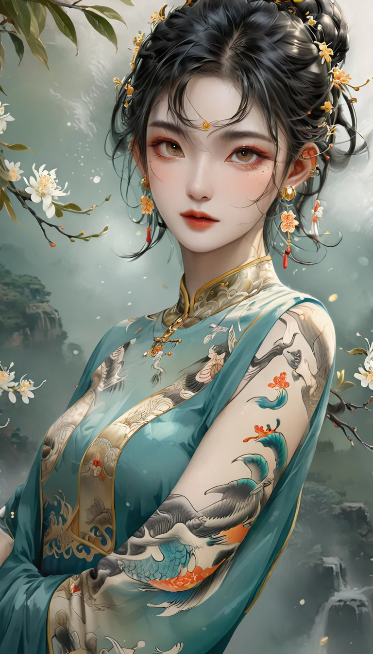 Chinese Beauty, Charming temperament, floating long dress, Clear face, beautiful eyes, Around osmanthus flowers, A masterpiece of perfect body structure proportions, Very detailed, Epic creation, Color Tattoo Art, Neo-Traditional Tattoo Art, SD tattoo design, Color Tattoo Art, mystery、enthusiasm、Friendly atmosphere, Surrealism, Ultra HD, high quality, best quality, 32K --v 6