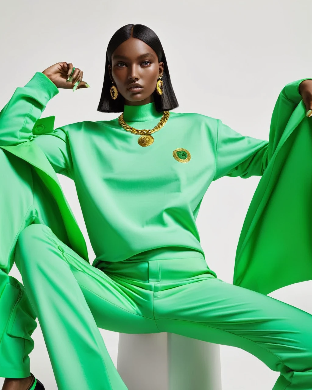 a model wear ovzrsize suit of green color,inside white t-shirt, posing for a picture, Edit pictures, high resolution, Edit photos, Official Versace Editor,wear ovzrsize suit,Balenciaga concept fashion photo ,