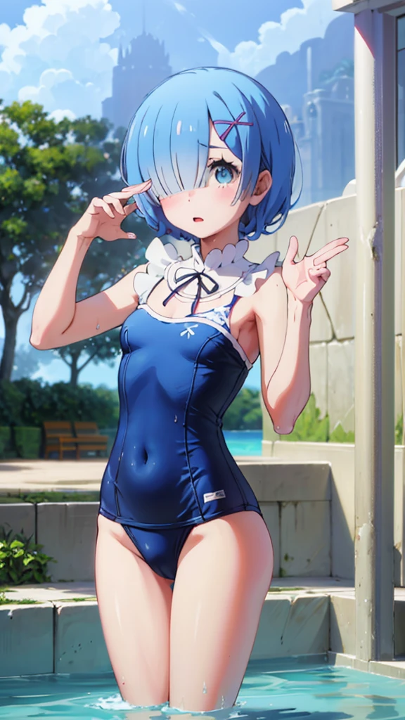 school swimwear、Acme Face、Random pose、short hair、Blue Hair、、hair over one eye、、nsfw、Highest quality、1 girl、solo、Ocean、Sexy pose、Random pose、Blushing、Wet、Embarrassed