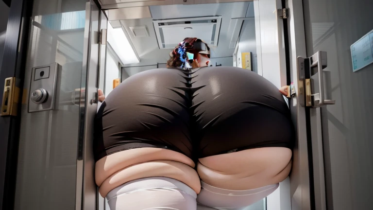 tall fat xxapple girl bumping her huge butt in a sexy chinese dress with leggings, trying to squeeze out of a tiny door in the elevator at the office, she is too round and swelled up, she is stuck tight